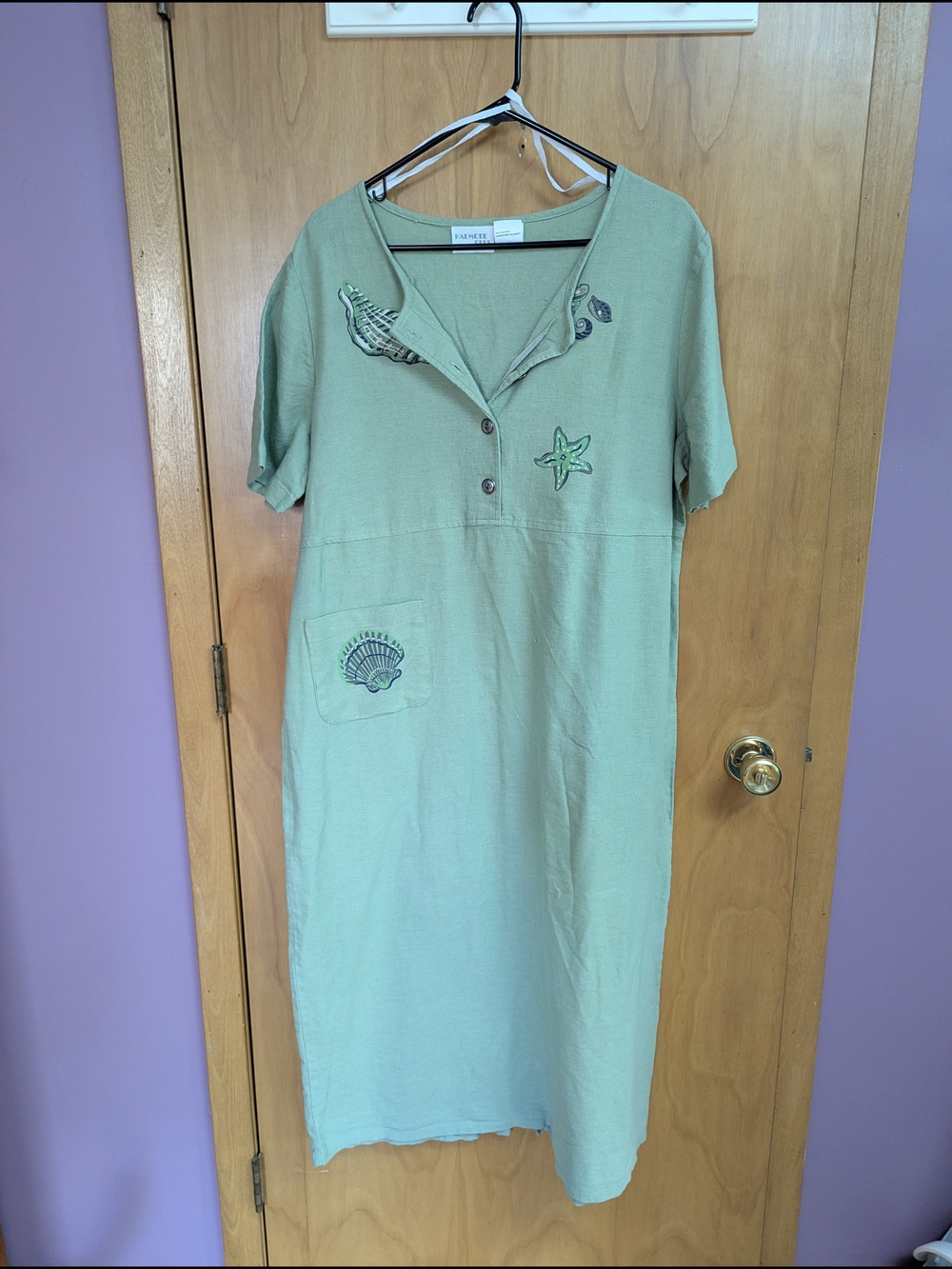 Sea Motif Sage Green Button Front Midi Dress